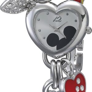 Accutime Disney Mickey Mouse Charm Bracelet Watch -Silver-Tone Heart Design Quartz Timepiece for Girls & Women