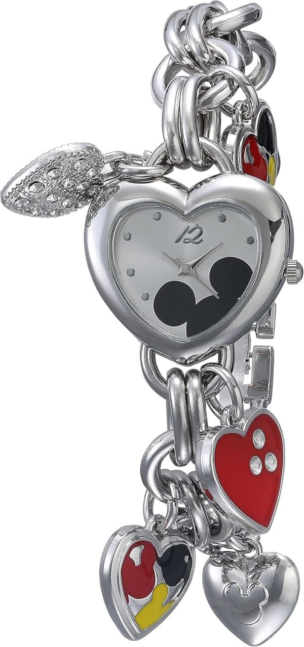 Accutime Disney Mickey Mouse Charm Bracelet Watch -Silver-Tone Heart Design Quartz Timepiece for Girls & Women