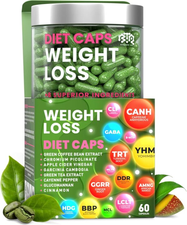 Bioteque Lab Weight Loss Diet Capsules, Natural Appetite Suppressant, Day & Night Fat Burner for Women & Men with Apple Cider, Green Coffee Bean Extract, Metabolism Booster Supplement - 60 Pills