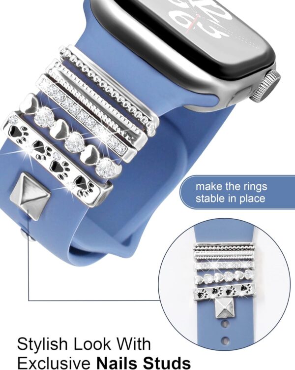 JR.DM 13 Pcs Silver Watch Band Charms with 10-Pcs Decorative Rings Loops 3-Pcs Decoration, Compatible with Apple Watch Band Metal Diamond Sliding Accessories for iWatch Series 10 9 8 7 6 5 4 3 2 1 - Image 5