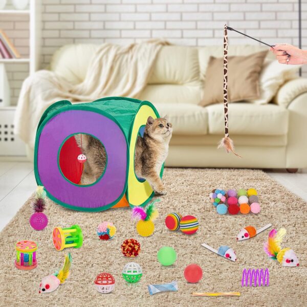 Retro Shaw Cat Toys Bundle 33 Pack, Interactive Kitten Toys for Indoor Cats Kitty with Collapsible Play Tunnel Tube Tent Feather Wand Teaser Bell Fuzzy Ball Springs Mouse Toy - Image 4