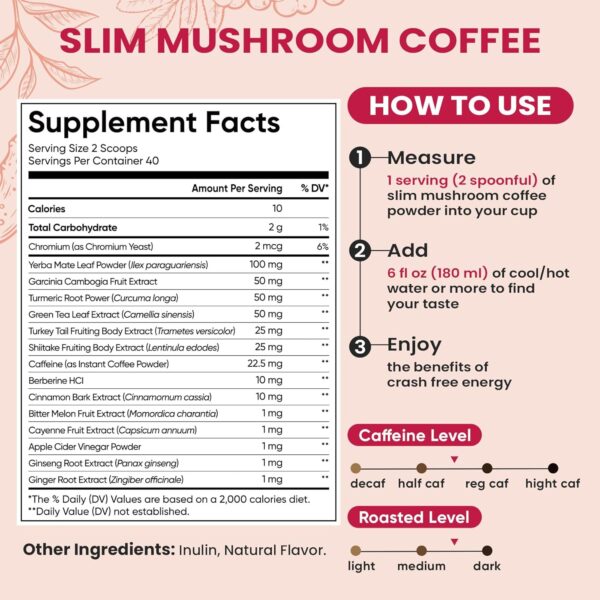 Venture Pal Slim Mushroom Coffee for Weight Loss, Instant Coffee with Berberine, Cinnamon, Yerba Mate, Turmeric, & More, 1800mg(10:1) Extract for Diet Support & Metabolism Boost - 40 Servings - Image 2