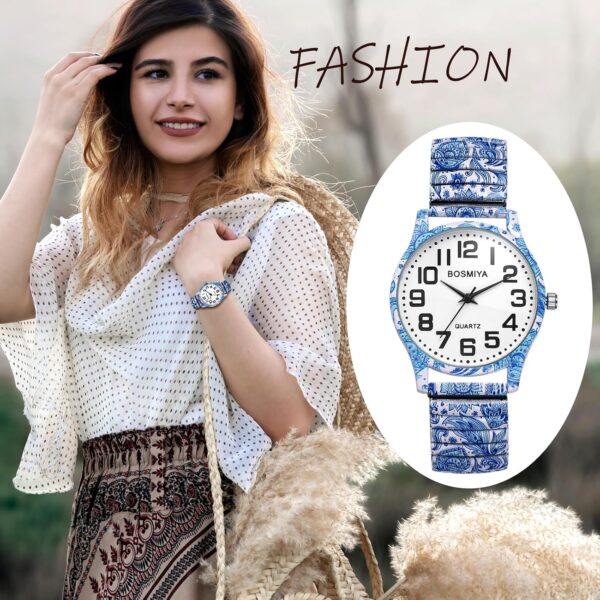 OIDEA Stretch Band Watches for Women: Bohemia Flower Easy Reader Elastic Band Watch Large Face Big Number Analog Quartz Bracelet Watch Expansion Band Wristwatch - Image 8