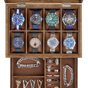 SONGMICS 8-Slot Watch Box, 2-Tier Watch Display Case with Large Glass Lid, Removable Watch Pillows, Velvet Lining, Jewelry Box, Gift Idea, Rustic Walnut UJOW008K01