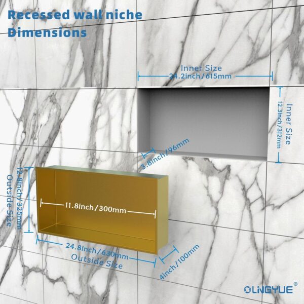 Brushed Gold Shower Niche: No Tile Needed Stainless Steel - 24"x12" Recessed Wall Niches Shelf for Bathroom Kitchen Toilet Storage - Image 3