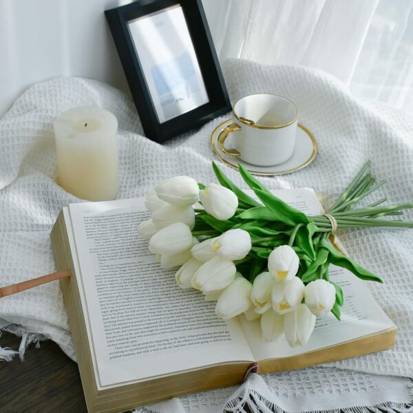 Mandy's Artificial Tulips 20 Stems White PU Faux Flowers for Wedding Home Decor 13.5 Inch - Image 3