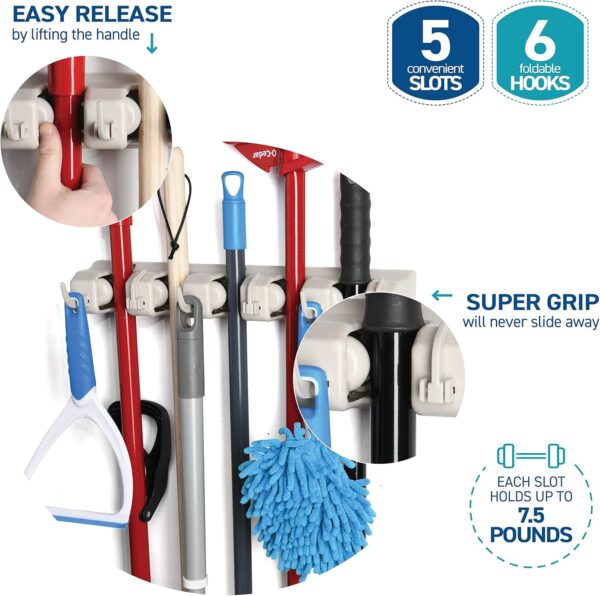 Home-it Mop and Broom Holder Wall Mount Garden Tool Storage Tool Rack Storage & Organization for the Home Plastic Hanger for Closet Garage Organizer (5-position) - Image 4