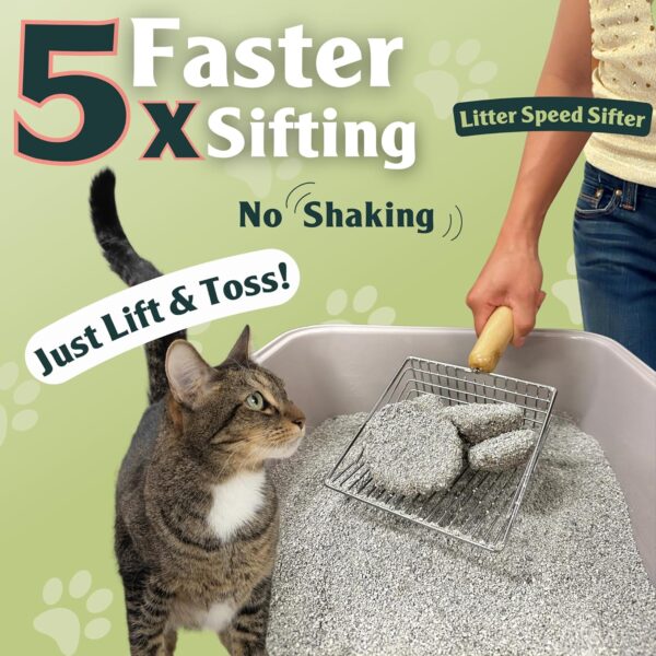 Sprinkle & Sweep Metal Cat Litter Scoop - Heavy Duty Litter Scooper & Speed Sifter with Comfortable Beech Wood Grip - Washable Convenient Stand for Easy and Efficient Cleaning - Image 3