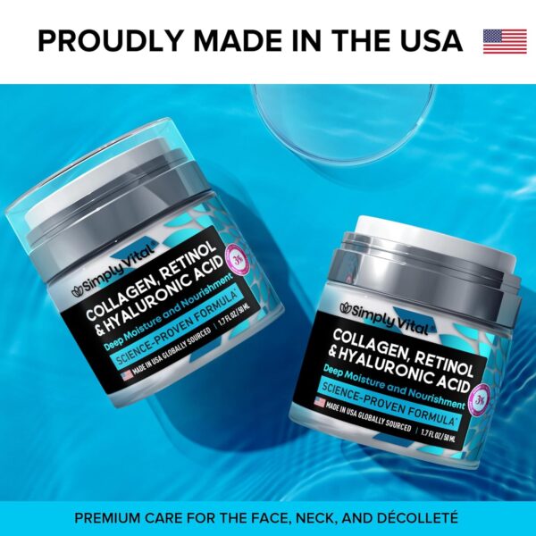 SimplyVital Collagen, Retinol & Hyaluronic Acid Cream - Anti-Aging Face Moisturizer for Face, Firming Skin Care Neck & Décolleté - Made in USA, Daily Moisturizer Face Cream Day & Night - 1.7 fl.oz. - Image 4