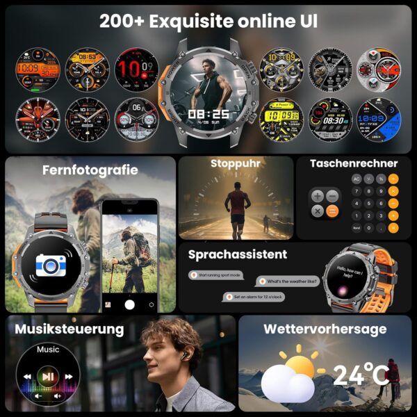 Smart Watch (Call/Notification),1.52'' Military Smart Watches for Men, Two Style Kits,Flashlight,100+Sport Modes/Heart Rate/Sleep Monitor/Pedometer, Fitness Tracker Android Phones iPhone Compatible - Image 7