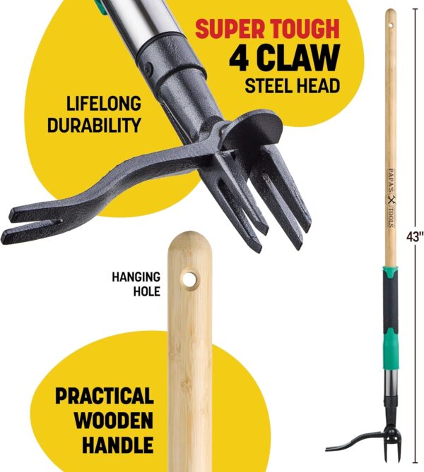Papa's Tools Weed Puller Tool, 44" Stand Up Weeder Garden Tools & 4 Claw Steel Head, Dual Weed Eject Tech. Made With Real Bamboo & Long Wooden Handle, Yard Weeding Remover For Gardening Men & Women - Image 6