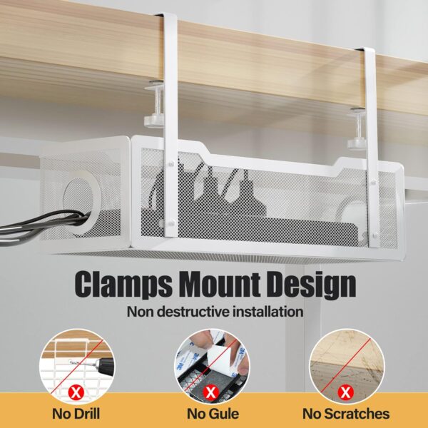 Under Desk Cable Management Tray White, Cinati Wire Organizers No Drill, Cable Tray with Clamp for Wire Management, Cord Organization Box for Office, Home - No Damage to Desk - Image 4