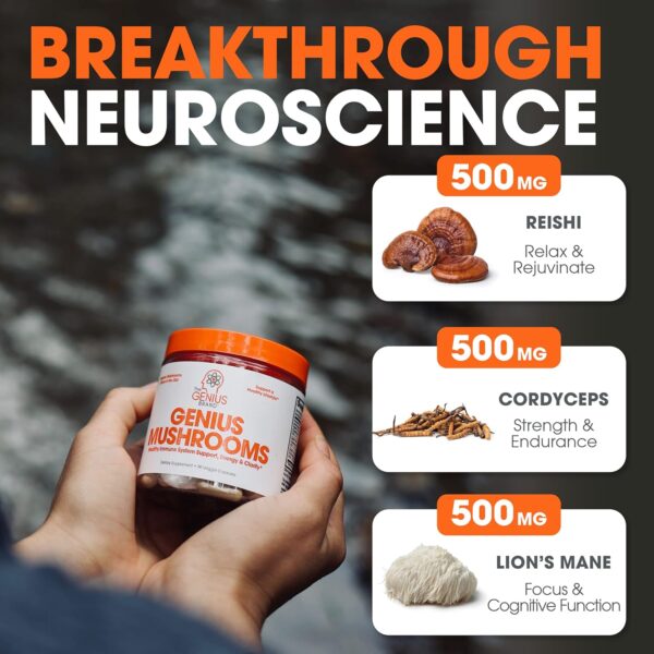 Genius Mushroom Supplement - Full-Spectrum Lion’s Mane, Cordyceps, Reishi -Daily Brain Nootropic for Energy, Focus, Memory & Overall Wellness - 90 Capsules – Organic for Mental Clarity & Performance - Image 5