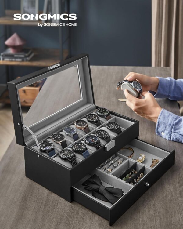 SONGMICS 12-Slot Watch Box, Lockable Watch Case with Glass Lid, 2 Layers, with 1 Drawer for Rings, Bracelets, Gift Idea, Black Synthetic Leather, Gray Lining UJWB012 - Image 2