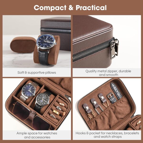 ProCase Father's Day Gift Travel Watch Case, 2 Slots PU Leather Mens Jewelry Box, Portable Watches Cufflinks Accessories Storage Case, Zippered Carrying Organizer Bag for Man -Brown - Image 4