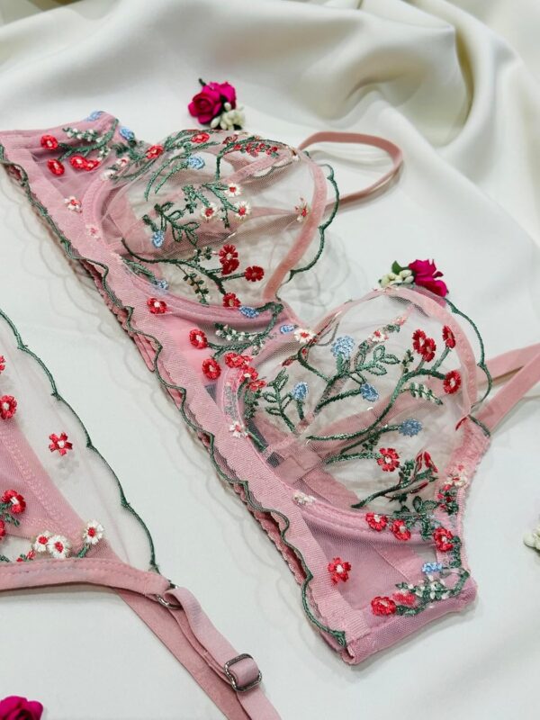 Sheer Floral Colorful Embroidery Underwire Bra and Underwear Panty Matching Set Pink Lingerie For Women - Image 4
