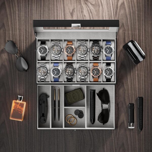 ProCase Watch Box for Men, 12 Slot Mens Watch Case With Drawer, Watch Display Case With Glass Lid, 2-Layer Watch Holder Organizer, Jewelry and Watch Storage for Men Women -12Slot, Black - Image 3