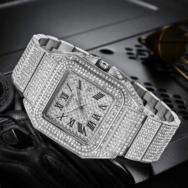Gosasa Fashion Hip Hop Men's Crystal Watch Bling Bling Watch Rectangle Case Stainless Steel Quartz Analog Bracelet Wristwatch - Image 3