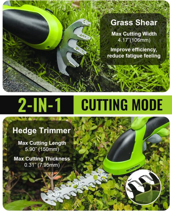 WORKPRO Cordless Grass Shear & Shrubbery Trimmer - 2 in 1 Handheld 7.2V Electric Grass Trimmer Hedge Shears/Grass Cutter Rechargeable Lithium-Ion Battery and Type-C Cable Included - Image 2