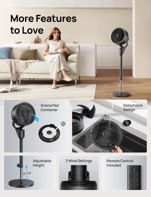 Dreo Fan for Bedroom, 80° Oscillating Standing Fan, 25dB Quiet, 80ft Pedestal Fans for Home Office, 90° Manual Vertical, 3 Speeds, Remote, 34-41" Adjustable Height, Air Circulator - Image 8
