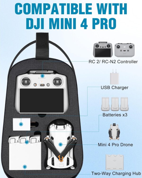 Mini 4 Pro Case, Waterproof Hard Carrying Case, Portable Travel Drone Sling Backpack, Crossbody Bag Compatible with DJI Mini 4 Pro, RC 2/ RC-N2 Controller, Fly More Combo and Accessories - Image 2