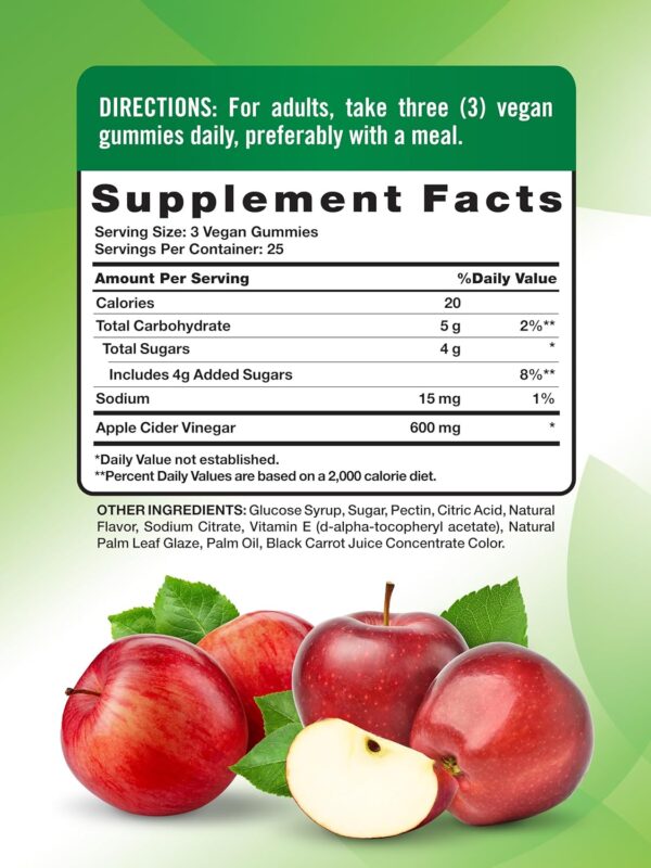 Nature's Truth Apple Cider Vinegar Gummies | 600 mg | 75 Gummies | Apple Flavor | Vegan, Non-GMO, Gluten Free Supplement - Image 2