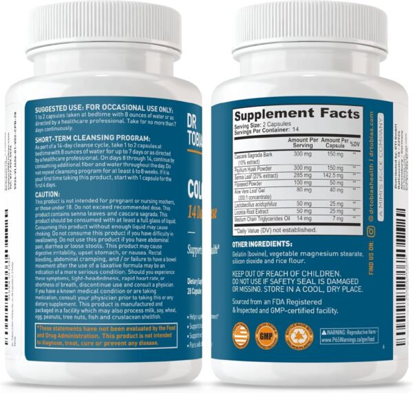 Dr. Tobias Colon 14 Day Cleanse, Advanced Gut Cleanse Detox for Women & Men with Cascara Sagrada, Psyllium Husk, Senna Leaf & Probiotics, Non-GMO Colon Cleanse, 28 Capsules 1-2 Daily - Image 7