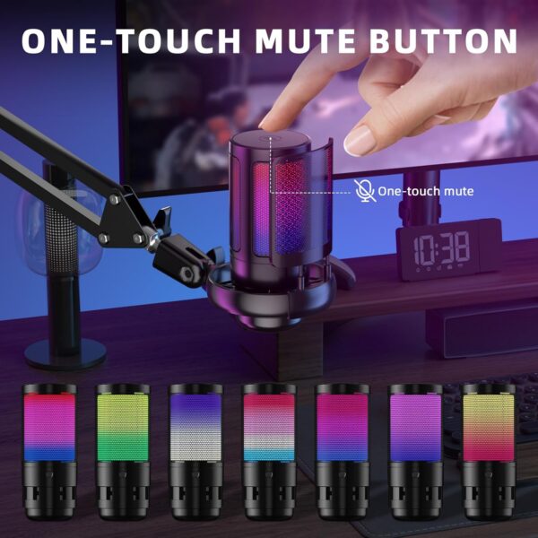 Gaming USB Microphone for PC，Podcast Microphone Kit for Streaming, Condenser Mic with Quick Mute, Boom Arm, Pop Filterm, RGB Indicator, Shock Mount, Rotate gain Button, Compatible with PS4/5/PC - Image 3