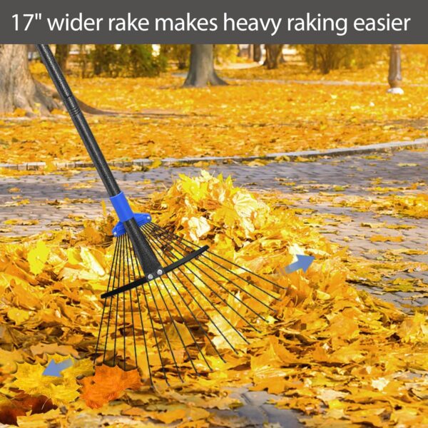 Adjustable Metal Leaf Rake Long Handle, Garden Rakes for Lawns Heavy Duty Leaves with Expandable Head 8-17", Yard Women Kids Rake for Gardening RV Camping - Image 4