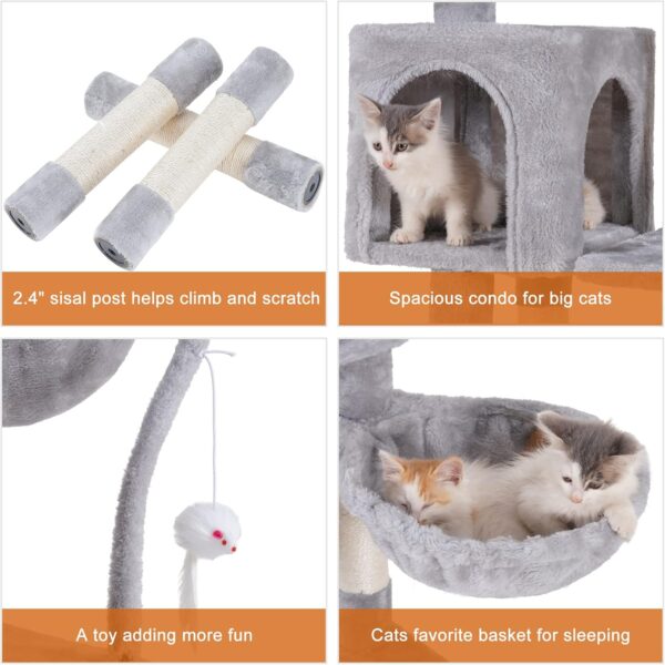 Heybly Cat Tree with Toy, Cat Tower condo for Indoor Cats, Cat House with Padded Plush Perch, Cozy Hammock and Sisal Scratching Posts, Light Gray HCT004SW - Image 4