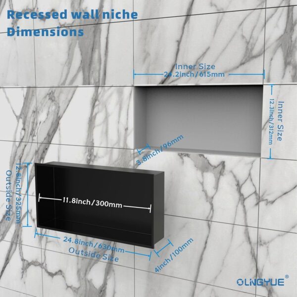 Shower Niche Stainless Steel: No Tile Needed - 24"x12" Recessed Wall Niche Shelf for Bathroom Kitchen Toilet Living Room Storage - Matte Black - Image 5