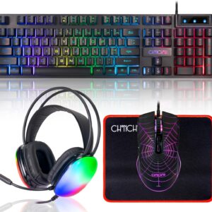 Gaming Keyboard Mouse Mousepad and Headset with mic Combo All in One USB Wired RGB Backlit Rainbow Side Button Gamer Bundle Set Compatible with PC Windows Xbox one PS4 PS5(Black)