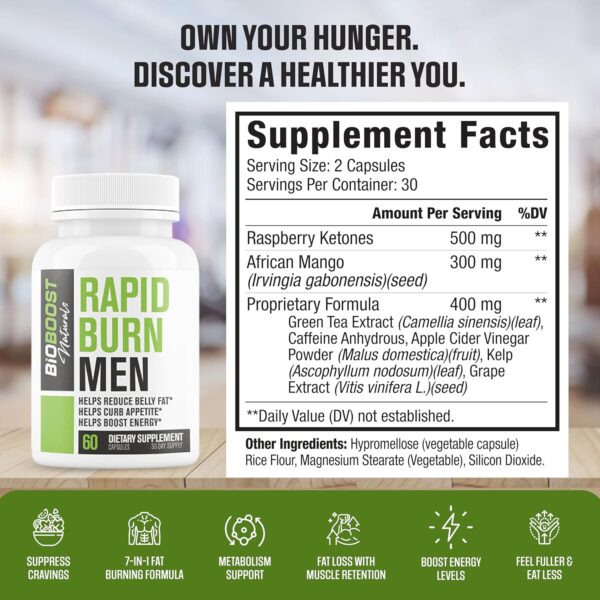 Rapid Fat Burner MEN | 7 Powerful Ingredients for Male Fat Loss, Appetite Suppressant + Carb Blocker | Lose Belly Fat, Increase Energy, Size, Stamina & Sustain Muscle Mass - 60 Capsules for Men - Image 3