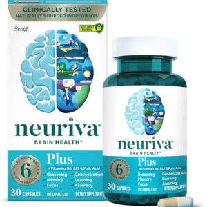 NEURIVA Plus Brain Supplement for Memory and Focus Clinically Tested Nootropics for Concentration for Mental Clarity, Cognitive Enhancement Vitamins B6, B12, Phosphatidylserine 30 Capsules