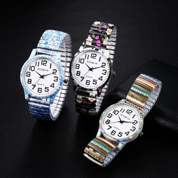 OIDEA Stretch Band Watches for Women: Bohemia Flower Easy Reader Elastic Band Watch Large Face Big Number Analog Quartz Bracelet Watch Expansion Band Wristwatch - Image 6