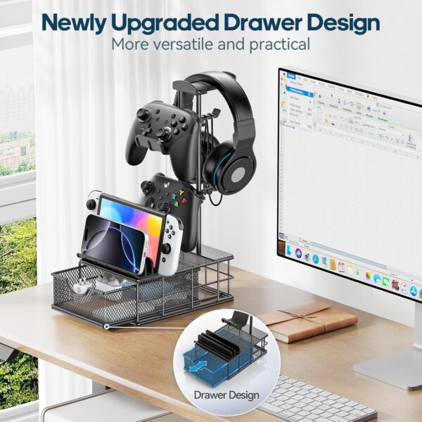 KDD Headphone Stand with Drawer - Headset & Controller Holder for Desk - Aluminum Supporting Bar Earphone Stand with Cable Organizer - Universal Gaming PC Accessories Storage - Image 2