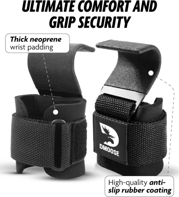 DMoose Fitness Weight Lifting Hooks (Pair) for Deadlifts, Pull Ups & Shrugs - 500 Lbs Capacity, Thick Wrist Padding - Heavy Duty Gym Workout Grips Straps for Men and Women - Image 3