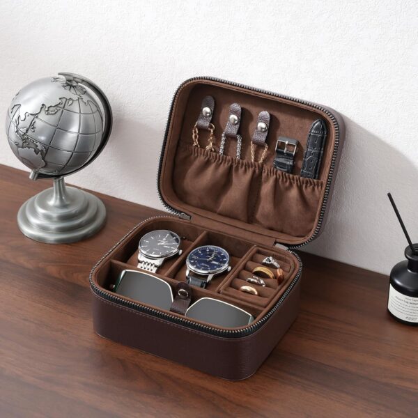 ProCase Father's Day Gift Travel Watch Case, 2 Slots PU Leather Mens Jewelry Box, Portable Watches Cufflinks Accessories Storage Case, Zippered Carrying Organizer Bag for Man -Brown - Image 5