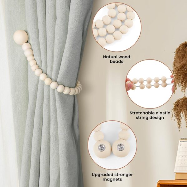 Magnetic Curtain Tiebacks, Curtain Tie Backs for Curtains 2 Pack, Wood Bead Curtain Tiebacks, Curtain Holders for Boho Bedroom Decor, Baby Nursery Decor, Farmhouse Decor - Image 5