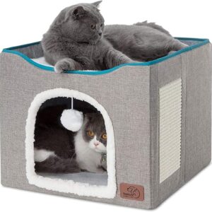Bedsure Cat Beds for Indoor Cats - Large Cat Cave for Pet Cat House with Fluffy Ball Hanging and Scratch Pad, Foldable Cat Hideaway, 16.5x16.5x13 inches, Grey