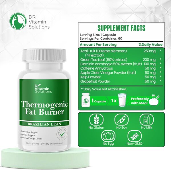 DR VITAMIN SOLUTIONS Thermogenic Fat Burner Brazilian Lean, Weight Loss Pills for Women, Waist Trimmer & Supplements for Bloating for Women & Men, 60 Capsules - Image 2