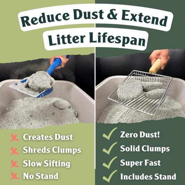Sprinkle & Sweep Metal Cat Litter Scoop - Heavy Duty Litter Scooper & Speed Sifter with Comfortable Beech Wood Grip - Washable Convenient Stand for Easy and Efficient Cleaning - Image 2