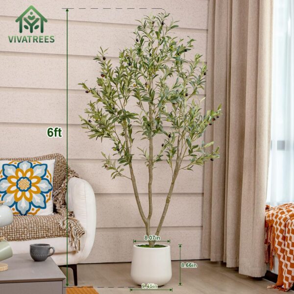 Olive Trees Artificial Indoor, 6FT Tall Faux Olive Tree with White Tall Planter, Artificial Plants with Natural Wood Trunk and Lifelike Fruits for Home Office Decor - Image 2