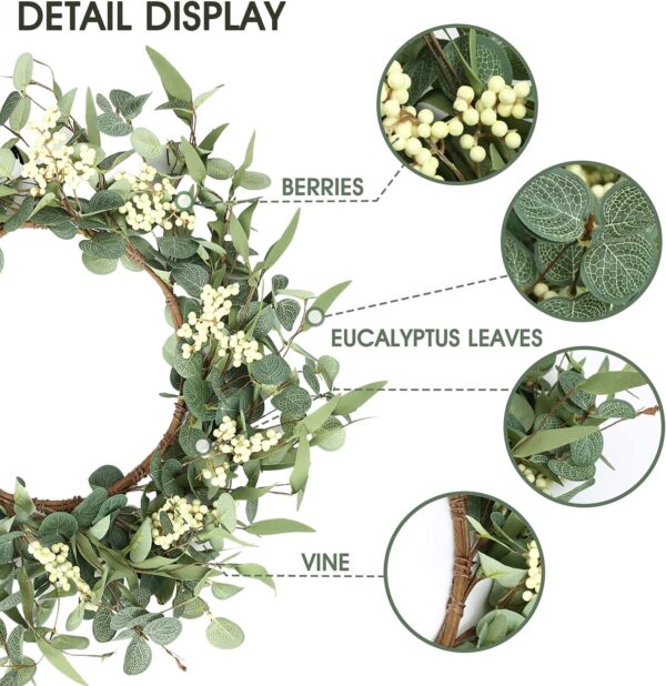 Pinkpum 20'' Eucalyptus Wreath for Front Door, Porch, Window - Green Decor for Home, Farmhouse - Spring, Summer, Fall, All Seasons - Image 2