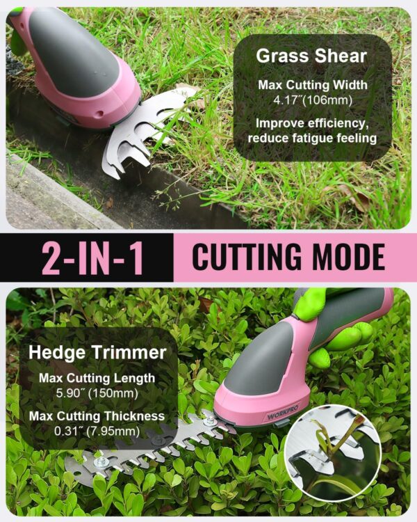 WORKPRO Cordless Grass Shear & Shrubbery Trimmer - 2 in 1 Handheld Hedge Trimmer 7.2V Electric Grass Trimmer Hedge Shears/Grass Cutter Rechargeable Lithium-Ion Battery and Type-C Cable - Pink Ribbon - Image 3