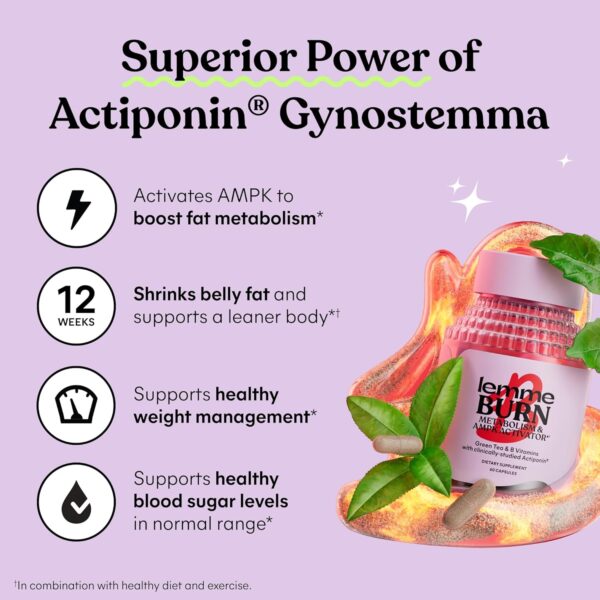 Lemme Burn - Metabolism, Belly Fat Burning + AMPK Activating Supplement for Men & Women w/Clinically Studied Actiponin Gynostemma, Green Tea Extract, Vitamins B6 & B12 - Gluten Free, 60 Count - Image 4