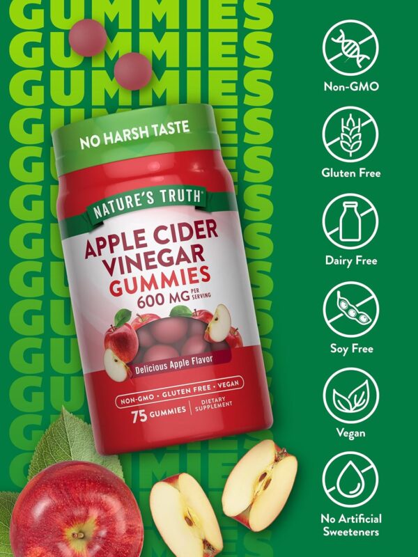 Nature's Truth Apple Cider Vinegar Gummies | 600 mg | 75 Gummies | Apple Flavor | Vegan, Non-GMO, Gluten Free Supplement - Image 3
