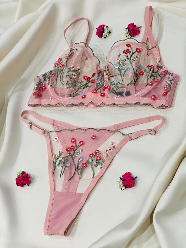 Sheer Floral Colorful Embroidery Underwire Bra and Underwear Panty Matching Set Pink Lingerie For Women - Image 3