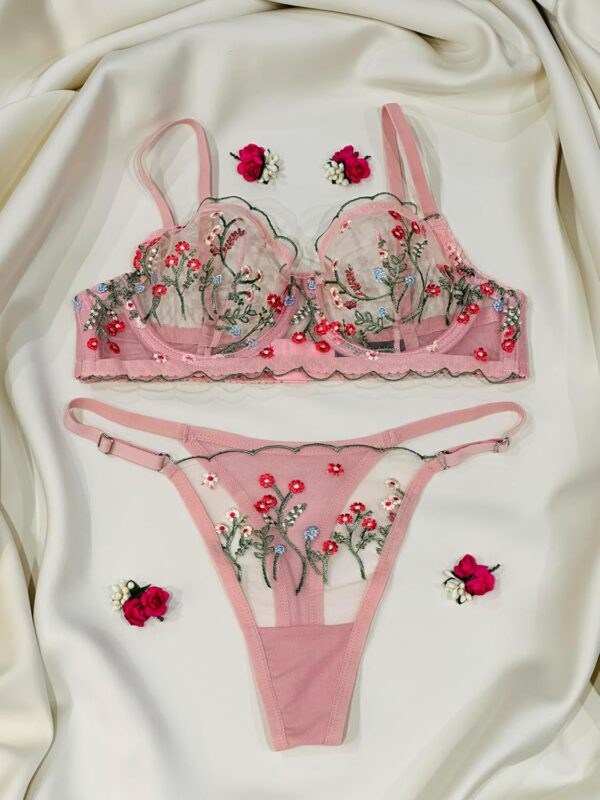 Sheer Floral Colorful Embroidery Underwire Bra and Underwear Panty Matching Set Pink Lingerie For Women - Image 2