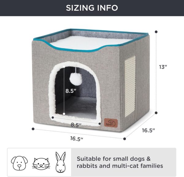 Bedsure Cat Beds for Indoor Cats - Large Cat Cave for Pet Cat House with Fluffy Ball Hanging and Scratch Pad, Foldable Cat Hideaway, 16.5x16.5x13 inches, Grey - Image 6